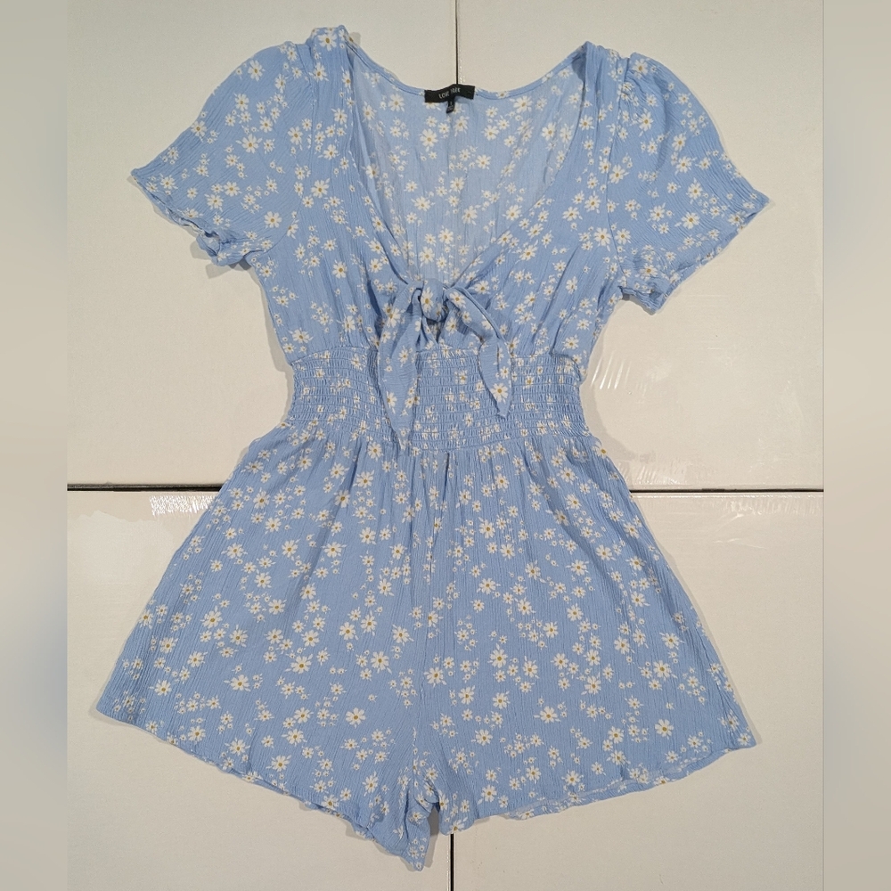 Love Tree Blue And White Floral Romper, Size S